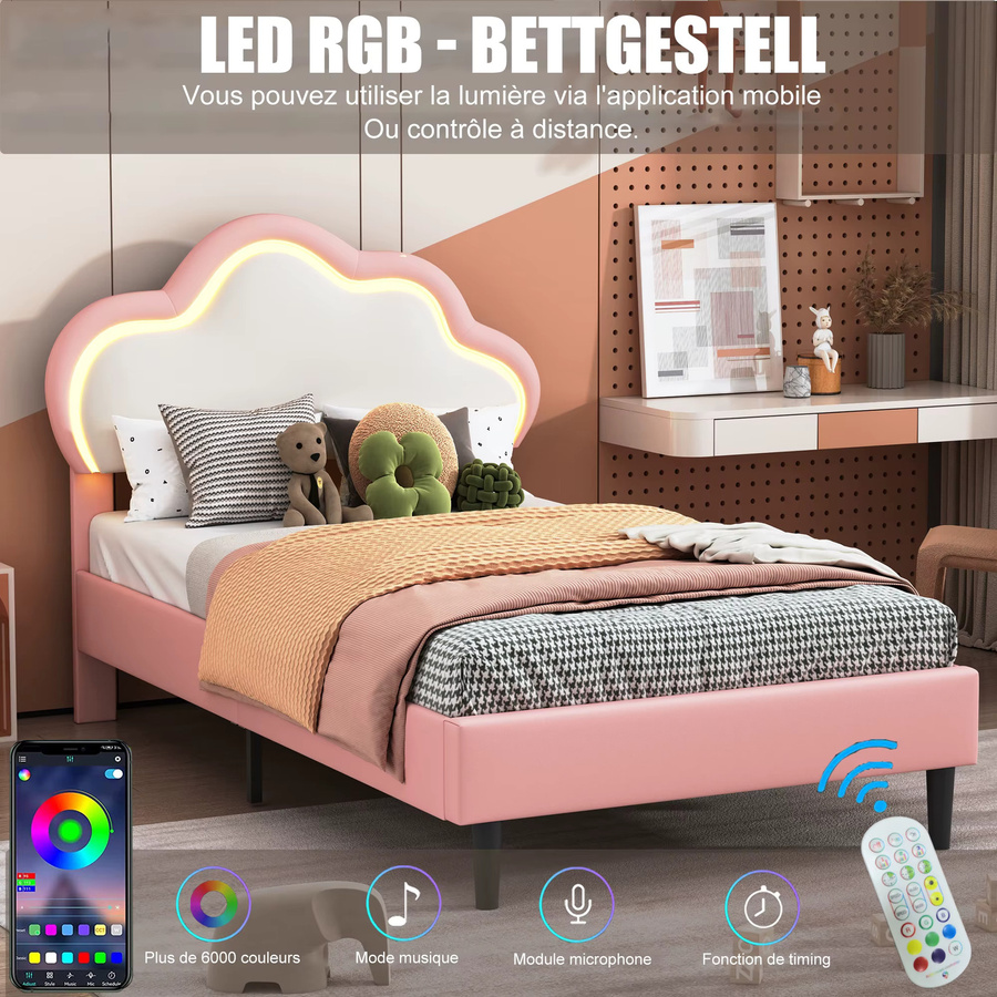 HYNHXBP Kinder-Einzelbettrahmen in Wolkenform mit LED-Ambientebeleuchtung und höhenverstellbarem Kopfteil, rosa PU-Leder, B/T: 90 x 200 cm - Bild 3