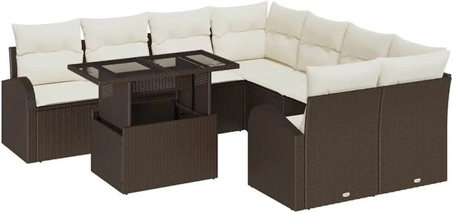 vidaXL Garten-Sofa-Set 9-tlg. in U-Form aus Poly Rattan und Stahl, Braun mit Kissen und Tisch - Bild 1
