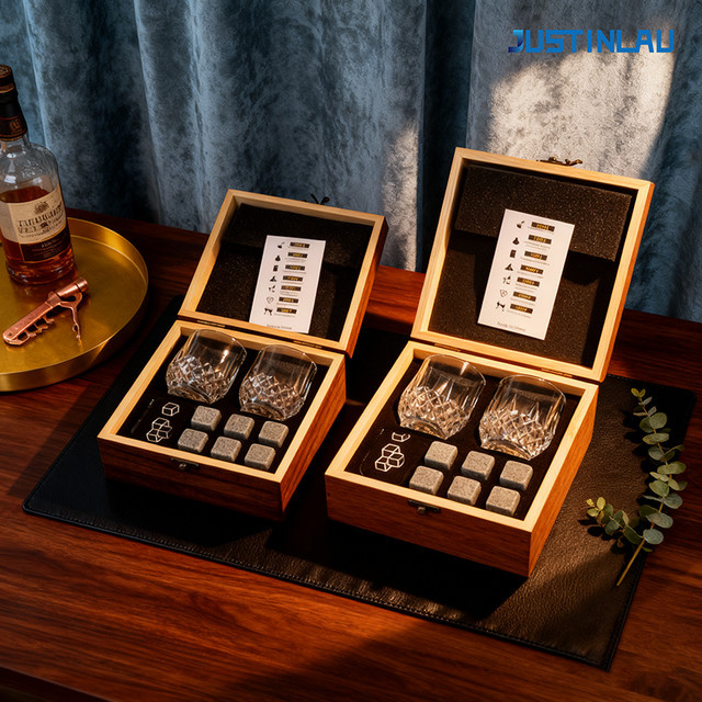 JUSTINLAU Whiskey-Set mit Granit-Whiskey-Steinen und Glas-Tumbler in einer Holzbox, transparent - Bild 1