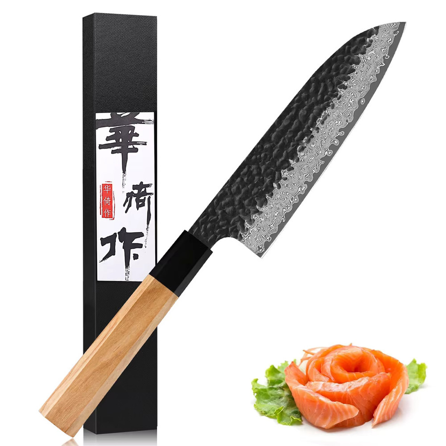 HUAYIGRAND Santoku-Messer aus 67-lagigem Damaststahl, handgefertigtes japanisches Kochmesser mit Holzgriff, Mehrfarbig, Länge: 17,8 cm - Bild 5