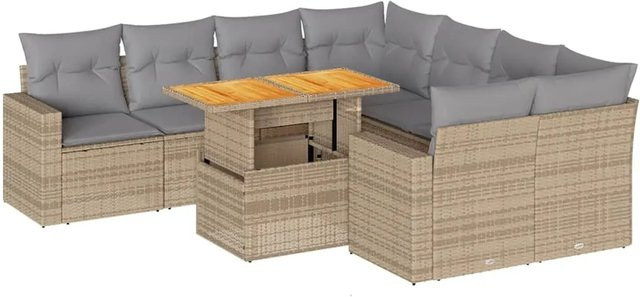 vidaXL 9-tlg. Garten-Sofagarnitur in L-Form aus Poly-Rattan und Akazienholz mit Kissen in Beige-Grau - Bild 1