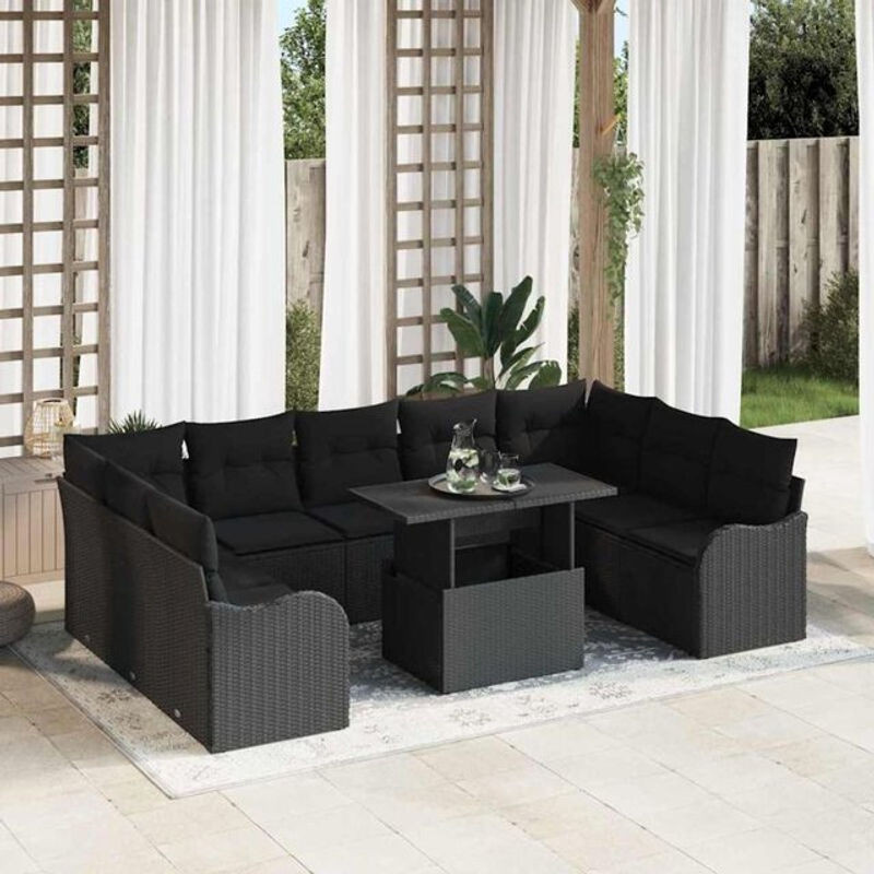 Vidaxl Garten-Sofa-Set aus Polyrattan in Schwarz, 9-teilige Loungemöbel im modernen Design, B/T/H: 100 x 55 x 73 cm - Bild 1