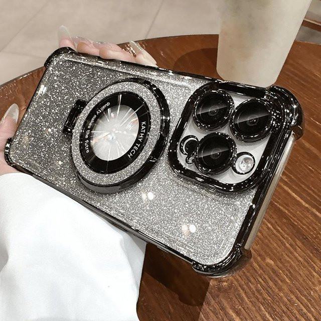 Besdynastie Glitzer Handyhülle mit magnetischer Halterung für iPhone 17 16 15 14 13 12 11 Pro Max Plus, Transparent Schwarz/Silber, unterstützt kabelloses Laden - Bild 1