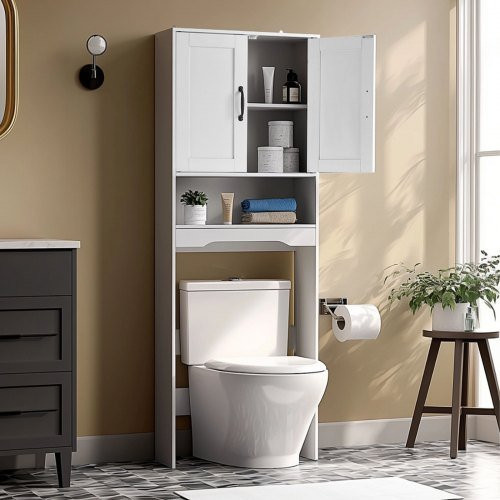 VEVOR Toilettenschrank für das Badezimmer mit Doppeltür und offenem Regal, weißer Aufbewahrungsschrank über der Toilette, B/T/H: 60,0 x 21,0 x 165,1 cm - Bild 1
