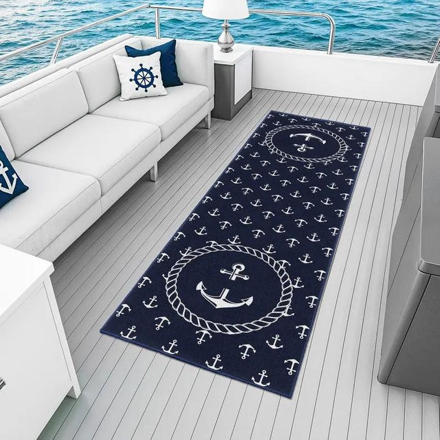 LjqFourteen Bereichsteppich Nautischer Anker Kompass in Blau, rutschfest und waschbar, B x T: 160 x 230 cm - Bild 1