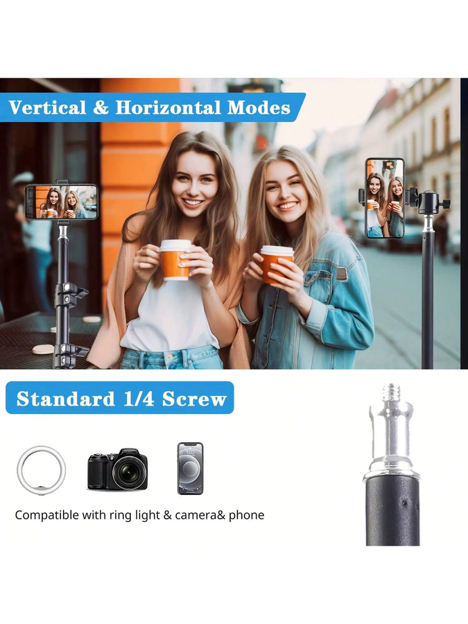 Multifunktionales 63-Zoll-Stativ in Schwarz mit klappbarem Design und Telefonhalterclip für Kamera und Smartphone, Höhe: 160,02 cm - Bild 2