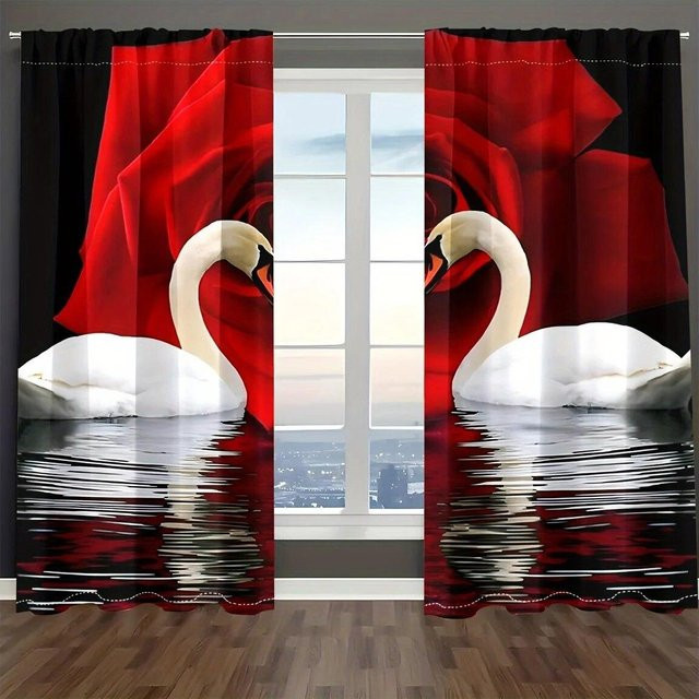 A Family Of Home Textiles Luxus Fenstervorhänge mit 3D Design Rote Rose und Weißer Schwan, 2er Set, Farben: Weiß und Rot, B: 50 cm, H: 130 cm - Bild 1