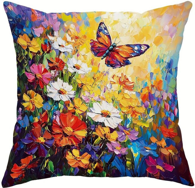 Dekorativer Kissenbezug mit Kolibri- und Wildblumen-Motiv von Shunika Chen, Multicolor, B/H: 18 x 18 cm - Bild 1