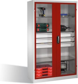 C+P Werkzeugschrank mit Sichtfenster-Drehtüren, 4 Böden und 3 Schubladen, Front Rubinrot, Korpus Lichtgrau, H: 195 cm, B: 120 cm, T: 50 cm - Bild 1