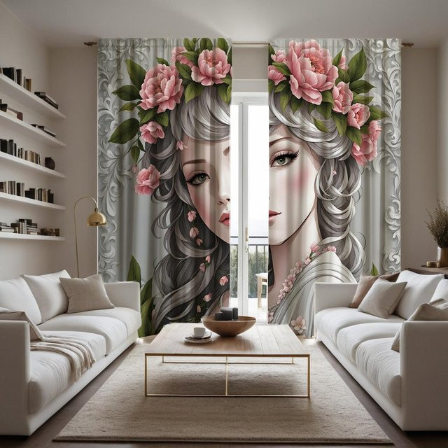 2er-Set dekorative Vorhänge mit HD Cartoon Mädchen Motiv und Girlande, Weißes Band, Schwarz, B: 132 cm, H: 160 cm - Bild 1