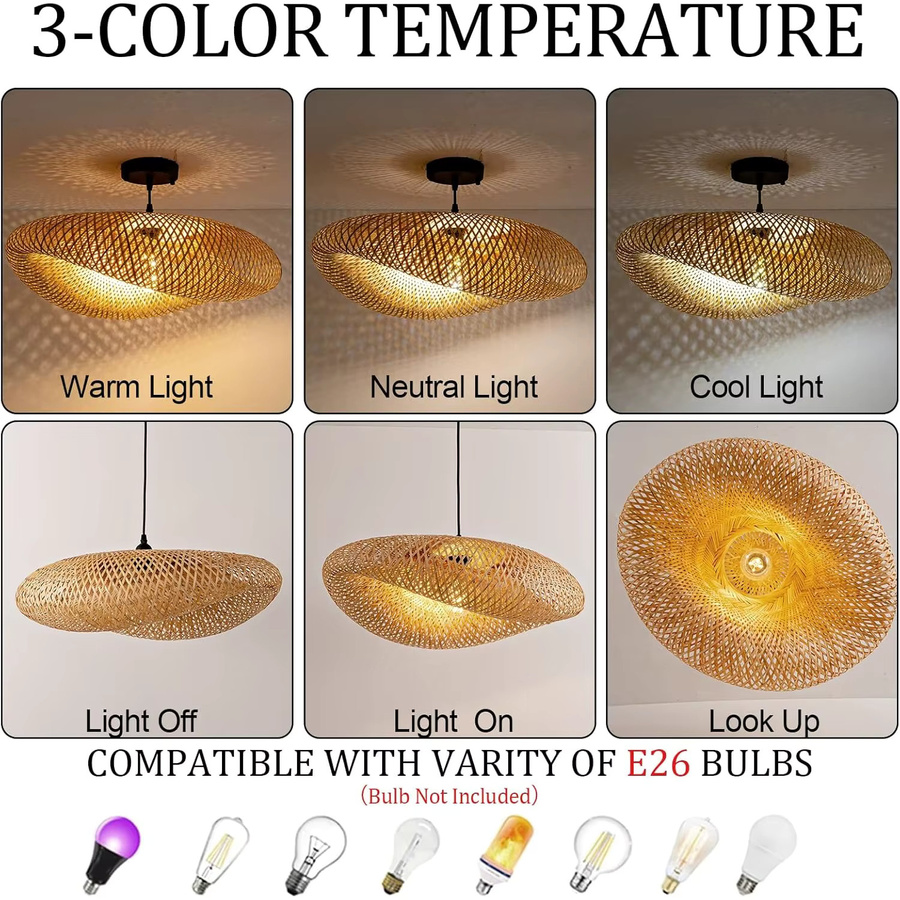 JOYINLED Handgewebter Bambus-Kronleuchter in Braun, Natürliche Rattan-Pendelleuchte im Boho-Stil für Wohnzimmer, Esszimmer und Schlafzimmer - Bild 4