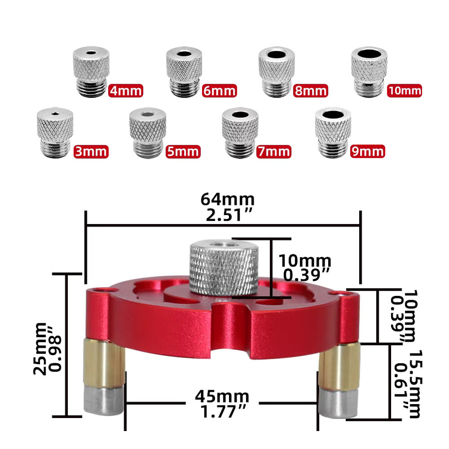 GDART Dübelvorrichtungssatz für die Holzbearbeitung aus Aluminium in Rot mit Metallbuchsen für 3–10 mm und selbstzentrierender Bohrführung - Bild 2