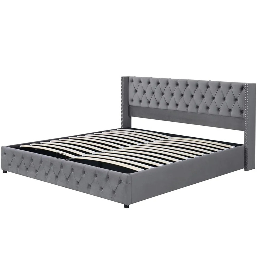 KOMHTOM Polsterbett mit hydraulischem Lift-up-System aus Samt in Grau, B/T: 140 x 190 cm, Chesterfield-Design mit Kissenheftung und Flanellnieten - Bild 2