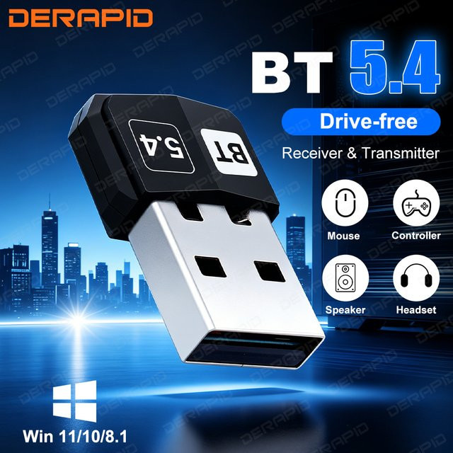 DERAPID USB Bluetooth 5.4 Adapter in Schwarz als Dual-Mode Sender und Empfänger für PC und Laptop mit Windows 11/10 Plug-and-Play - Bild 1