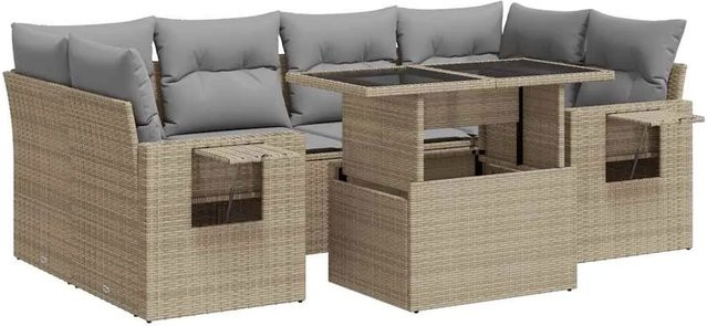 vidaXL 7-teilige Garten-Sofagarnitur in L-Form aus Poly-Rattan mit Kissen in Beige-Grau - Bild 1