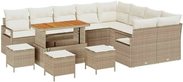vidaXL Garten-Sofa-Set aus Poly-Rattan in Beige mit Kissen, 13-teiliges U-Shape Lounge-Set mit Tisch und Hockern - Bild 1