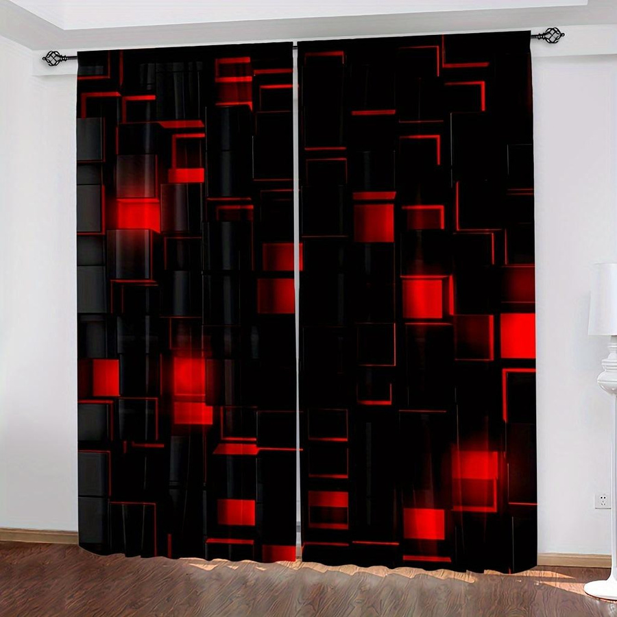 2er-Set Vorhänge mit kariertem Muster in Schwarz und Rot, halbtransparent mit Stangentaschen für Wohnzimmer und Schlafzimmer, B: 150 cm, H: 166 cm - Bild 2