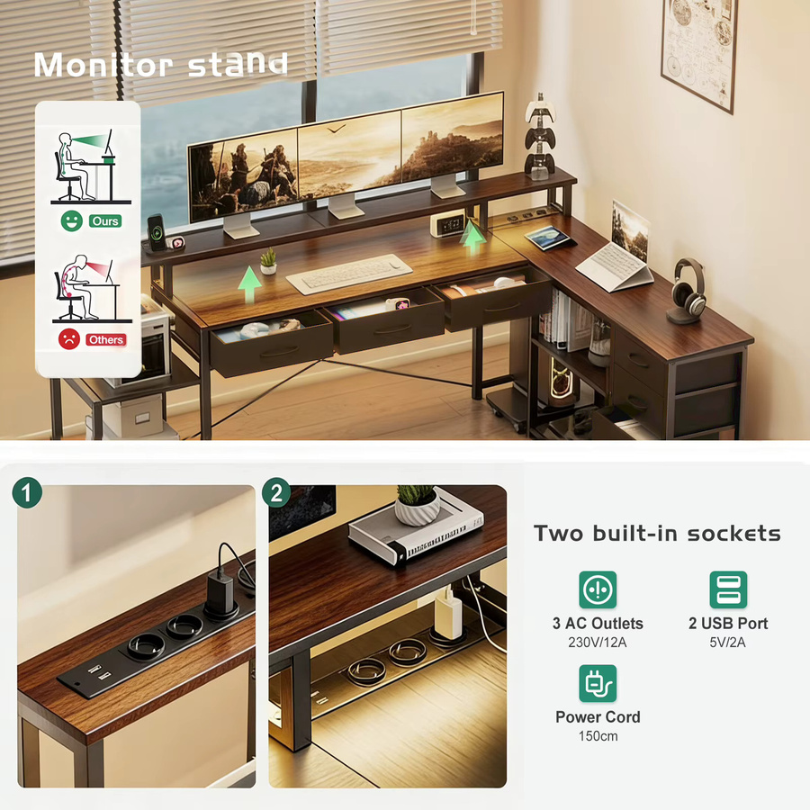 ThomP Eckschreibtisch in L-Form als moderner Gaming Tisch und Computertisch für dein Home Office in Braun - Bild 3