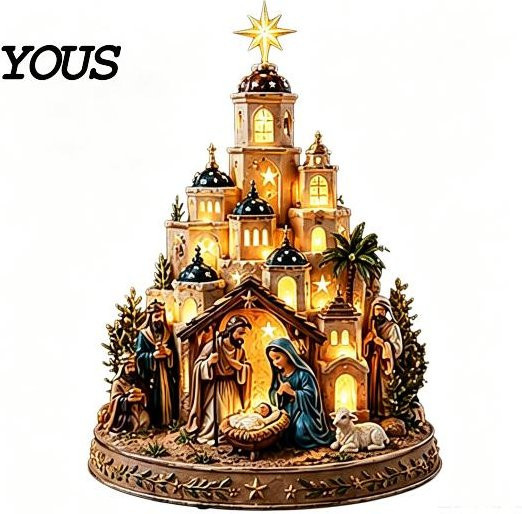 Beleuchtete Weihnachts-Dorfszene Bethlehem Krippenkirche mit Leuchtturm und Stern in Beige - Bild 1