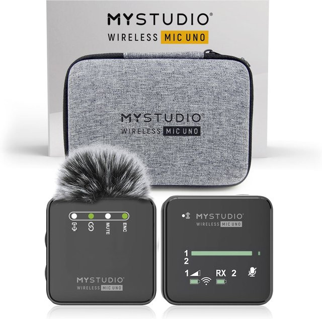 Easypix MyStudio Mic Uno Kabelloses Lavalier-Studiomikrofon in Schwarz mit Windschutz und Mikrofoncase - Bild 2