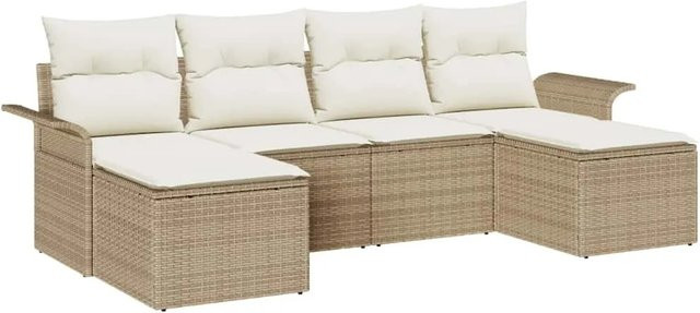vidaXL Garten-Sofa-Set aus Polyrattan in Beige, 6-teiliges Lounge-Set mit Polstern und Fußhockern - Bild 1