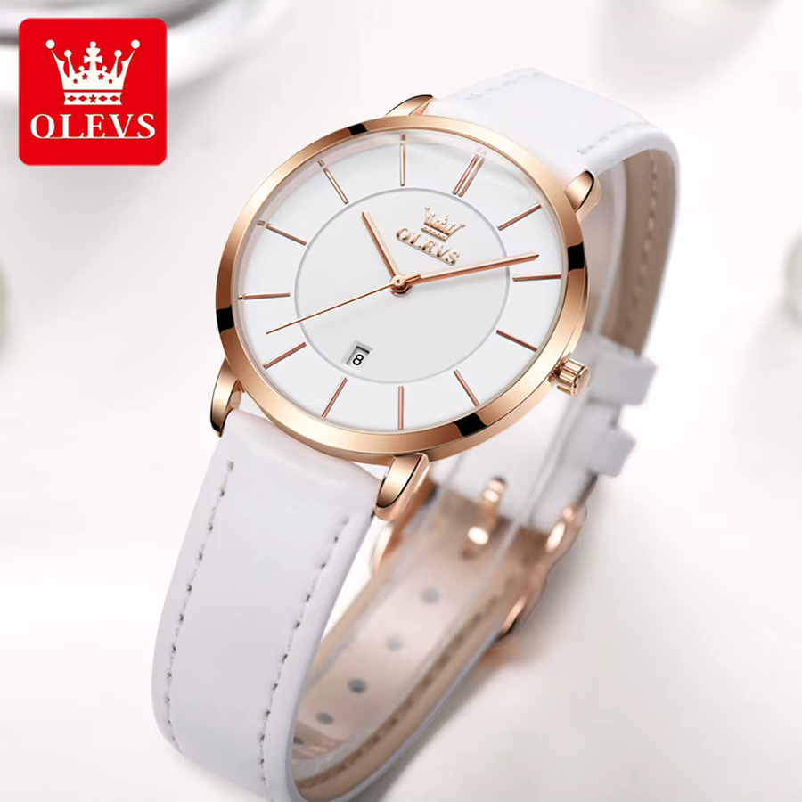 OLEVS Armbanduhr, Quarz, Leder, Roségold, Weiß, Damen - Bild 3