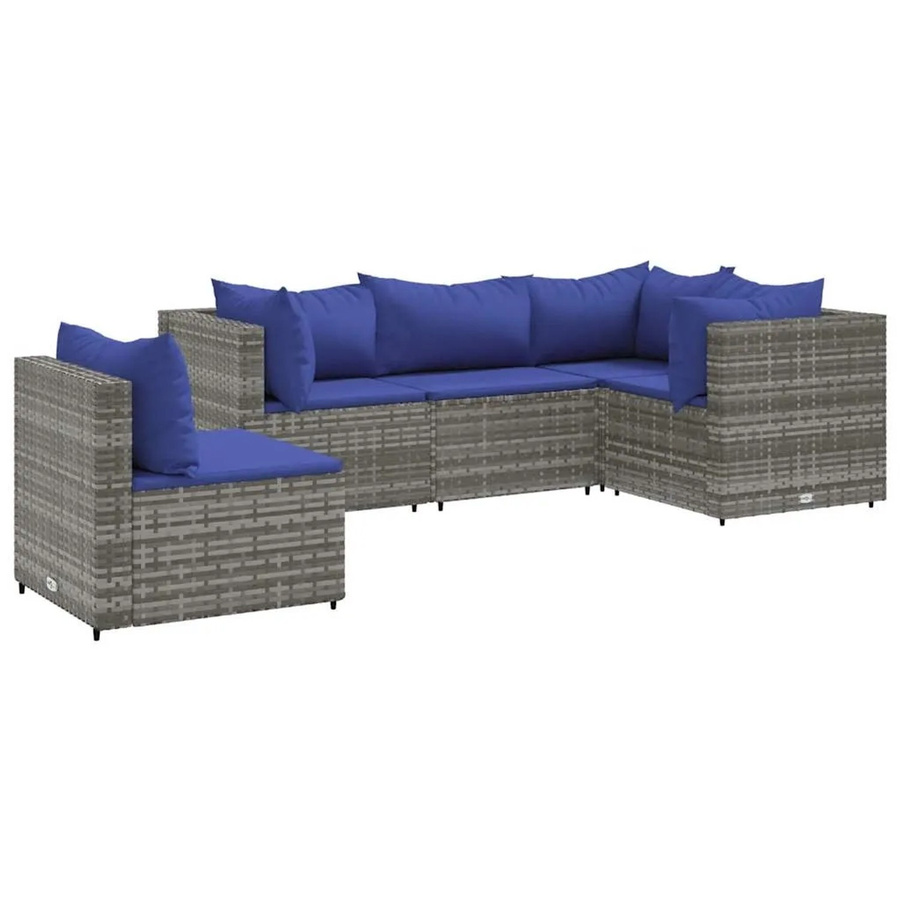 vidaXL 5-tlg Garten-Lounge-Set in L-Form aus Poly Rattan und Metall mit Kissen in Grau und Blau - Bild 2
