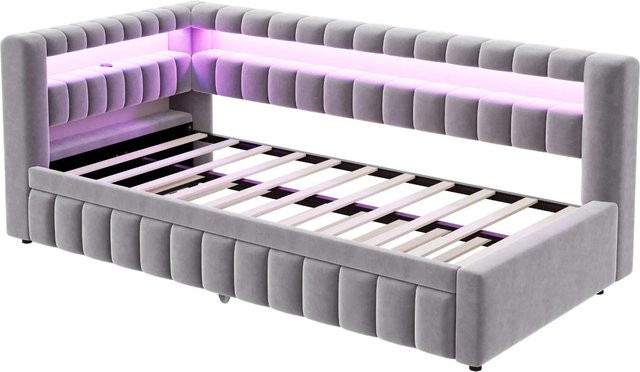 Merax Schlafsofa in Hellgrau mit LED-Unterbettbeleuchtung, USB-Anschluss und Nachttischablage, B/T/H: 90 x 200 x 55 cm - Bild 1