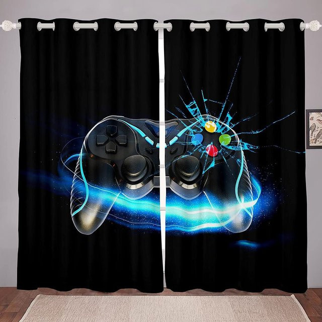 Yiran Furniture Vorhänge mit Gamepad Controller Motiv, 2er-Set, Schwarz, halbtransparent, Breite: 65 cm, Höhe: 60 cm - Bild 1