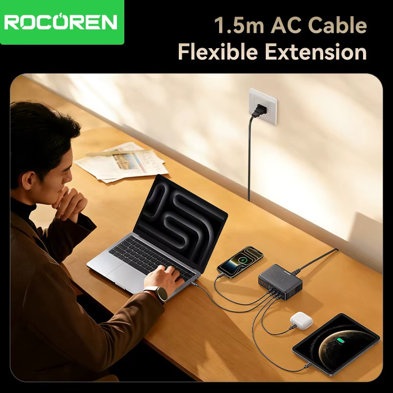 Rocoren 200W USB-C GaN-Ladegerät mit 8 Anschlüssen, USB-C PD3.1 Schnellladestation in Schwarz - Bild 5
