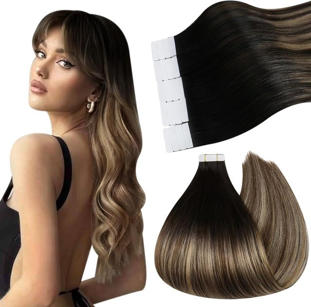 Ugeat Tape-in Haarverlängerungen Echthaar, Balayage, Glatt, 20 Teile - Bild 1