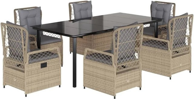 vidaXL 7-teilige Garten-Essgruppe aus Poly Rattan mit Kissen in Beige und Glastisch - Bild 1