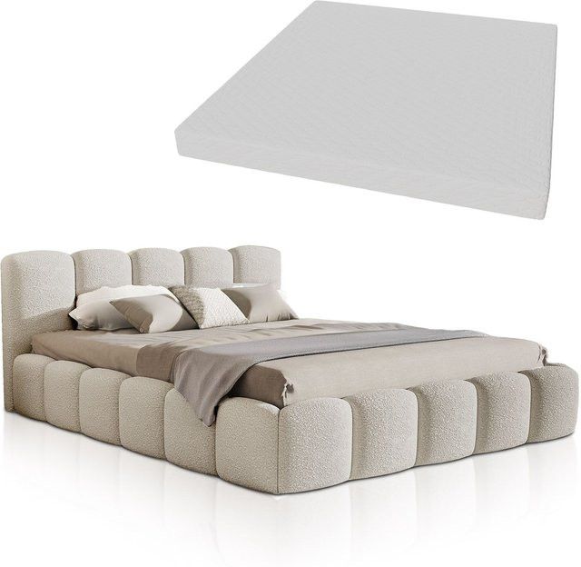 Juskys Polsterbett Catania mit Matratze in Beige im Bubble Design aus Bouclé-Stoff, B/T: 180 x 200 cm - Bild 1