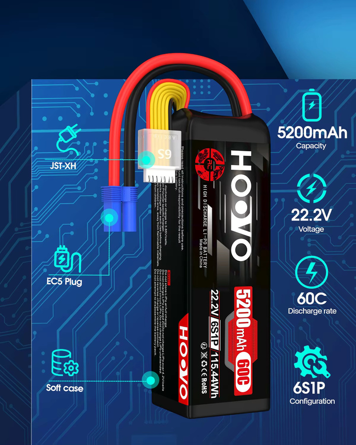HOOVO 6S 5200mAh LiPo-Batterie 22,2V 60C mit EC5-Stecker für RC-Flugzeuge und Hubschrauber, 2er-Pack, Schwarz - Bild 2