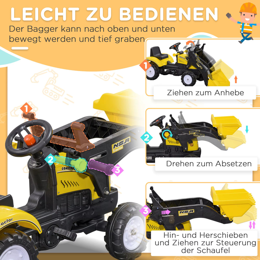 HOMCOM Bagger Radlader Aufsitzbagger mit Schaufel und Ablagefach ab 3 Jahren Gelb Schwarz - Bild 5