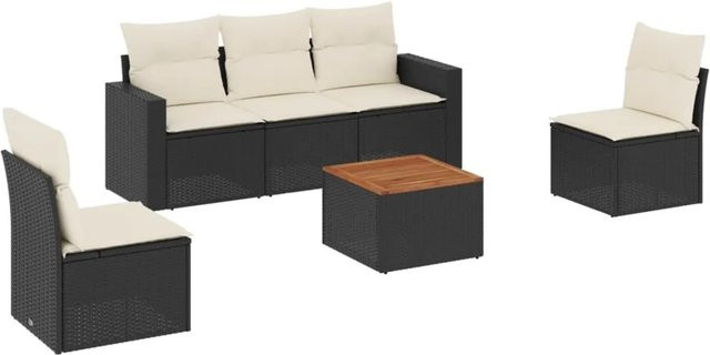 vidaXL 6-tlg Garten-Sofagarnitur aus Polyrattan mit Kissen und Tisch in Schwarz - Bild 1