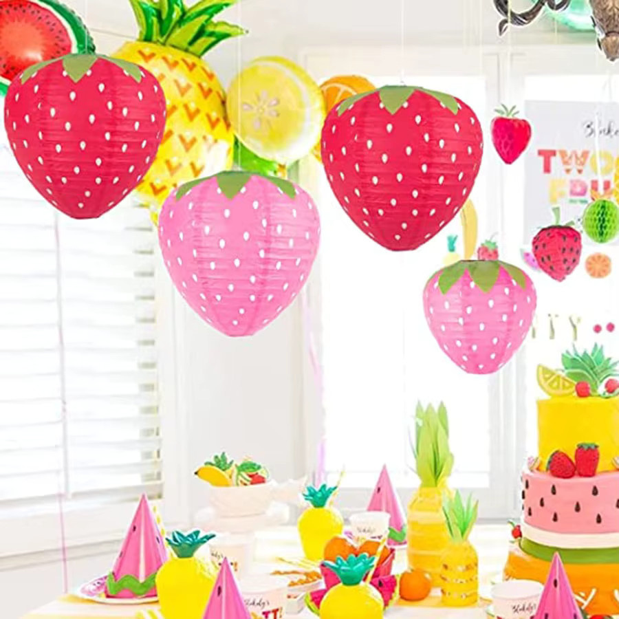 2er-Set Erdbeere Papier-Laternen in Rot zur Dekoration für Geburtstag und Party - Bild 3