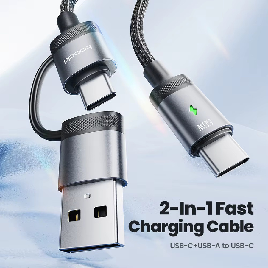 Toocki 2-in-1 USB-C auf USB-C Schnellladekabel mit 60 W PD für iPhone 15 14 Pro Max, Xiaomi 13 12 und Samsung S23 in Schwarz oder Grau - Bild 5