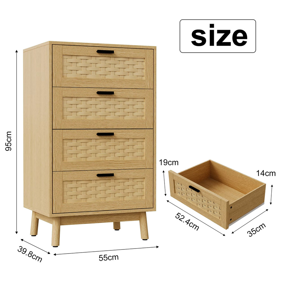 HYNHXBP Vier-Schubladen-Kommode aus Holz mit Rattan-Optik und Gummibaumholzbeinen in Beige - Bild 2