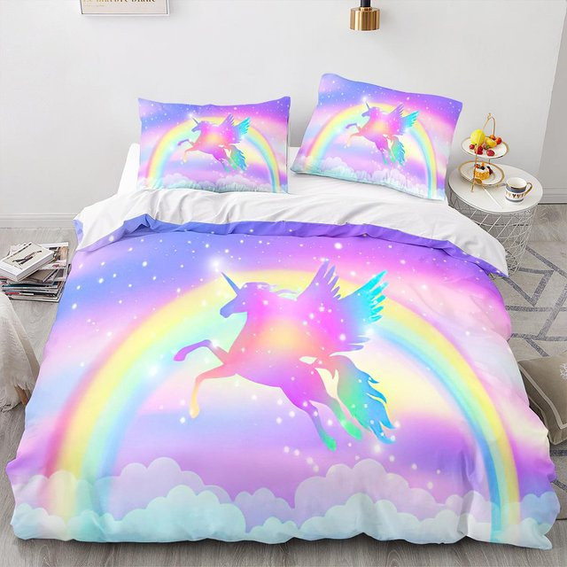 Einhorn-Bettbezug-Set mit Cartoon-Galaxie und Regenbogen für Kinder und Mädchen, bunt, aus Polyester, B/H: 140 x 200 cm - Bild 1