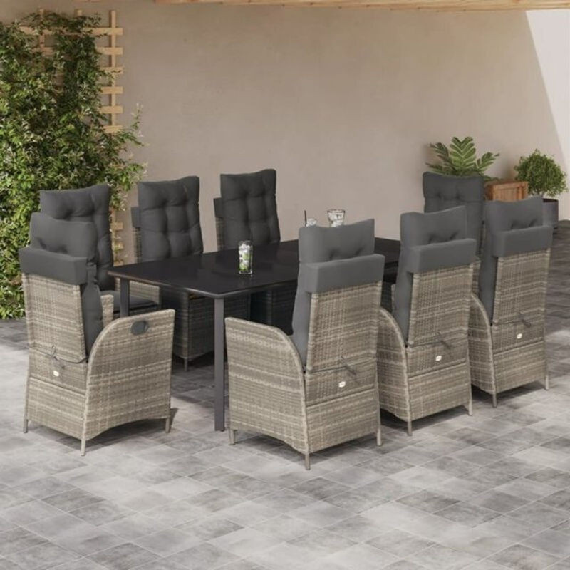 9-teilige moderne Garten-Essgruppe aus Poly-Rattan mit Kissen und Glasplatte in Hellgrau von vidaxl - Bild 1