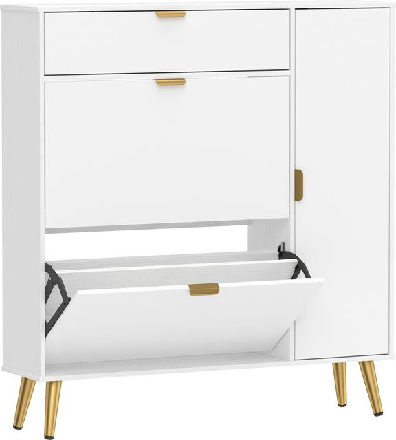 HOMCOM Schuhschrank für 12 Paar, schmaler Schuhschrank mit 2 kippbaren Schubladen und 4 Fächern, verstellbare Einlegeböden, Lederoptik, Weiß, B/T/H: 99,4 x 23,8 x 106,6 cm - Bild 1
