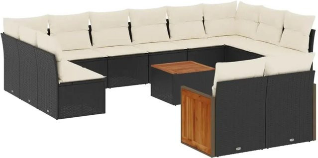 vidaXL 13-teilige Garten-Sofagarnitur aus Poly-Rattan und Akazienholz in Schwarz-Creme mit Kissen - Bild 1