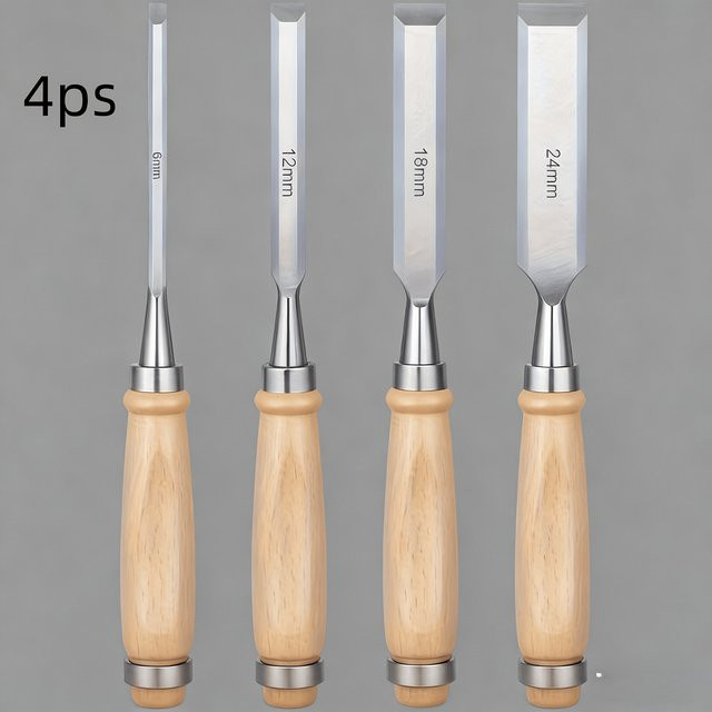 4-teiliges BYRNETOOLS Holzbearbeitungsmeißel-Set mit Diagonalklingen aus Chrom-Vanadium-Stahl und Massivholzgriffen, Farben: Multicolour, Größen: 6 mm, 12 mm, 18 mm, 24 mm - Bild 1