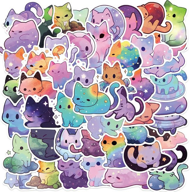 50 Stück PVC-Aufkleber mit Sternenhimmel-Katzen Motiv in Multicolour für Scrapbooking und Schulbedarf - Bild 1