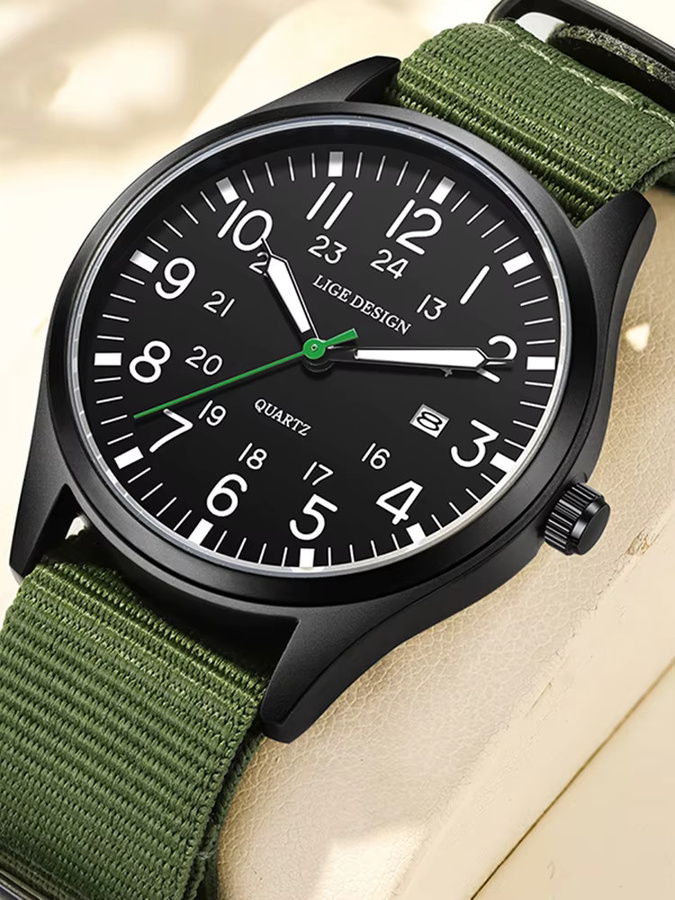 LIGE Armbanduhr Quarz, Textil/NATO, Schwarz, Herren, Datum, Leuchtzeiger - Bild 6