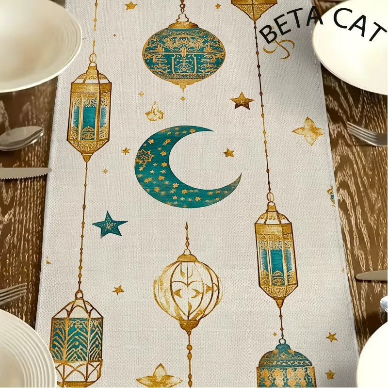 VIKAMA Tischläufer im Ramadan-Stil aus Leinen in Weiß und Gold mit Sternen-Motiv, Rechteckig, Breite: 90 cm, Tiefe: 33 cm - Bild 2
