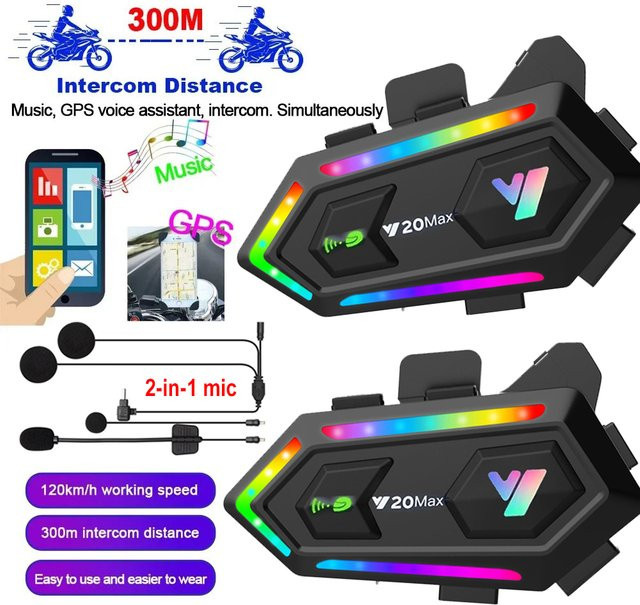 Y20 MAX Motorradhelm Bluetooth-Headset mit Gegensprechanlage, V5.3 Mischfunktion, IPX6 wasserdicht, RGB-Lichteffekt und 1000-mAh-Akku in Schwarz/Multicolor - Bild 1