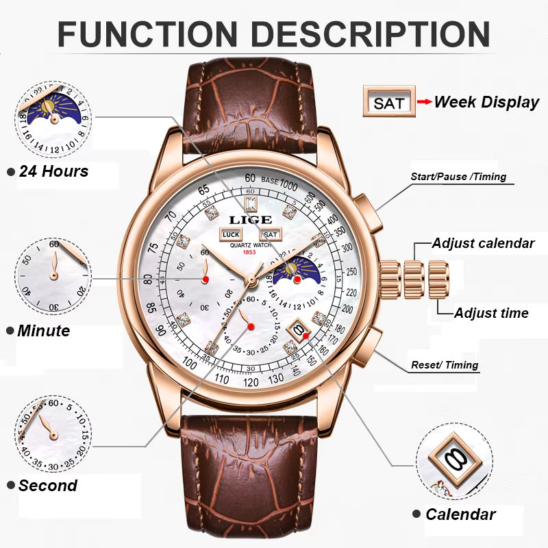 LIGE Chronograph Armbanduhr, Quarz, Leder, Herren - Bild 3
