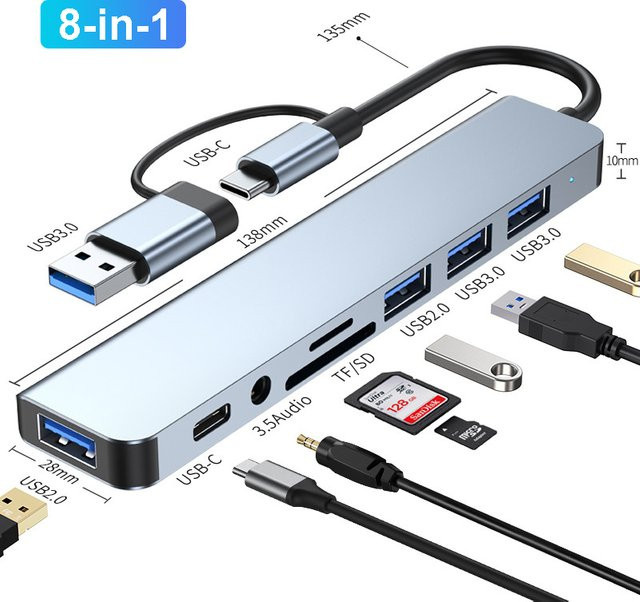 Kebidumei 8-in-2 USB-C Hub Dockingstation mit USB 3.0, 5 Gbit/s Hochgeschwindigkeitsübertragung, USB OTG Adapter in Silber für MacBook Pro - Bild 1
